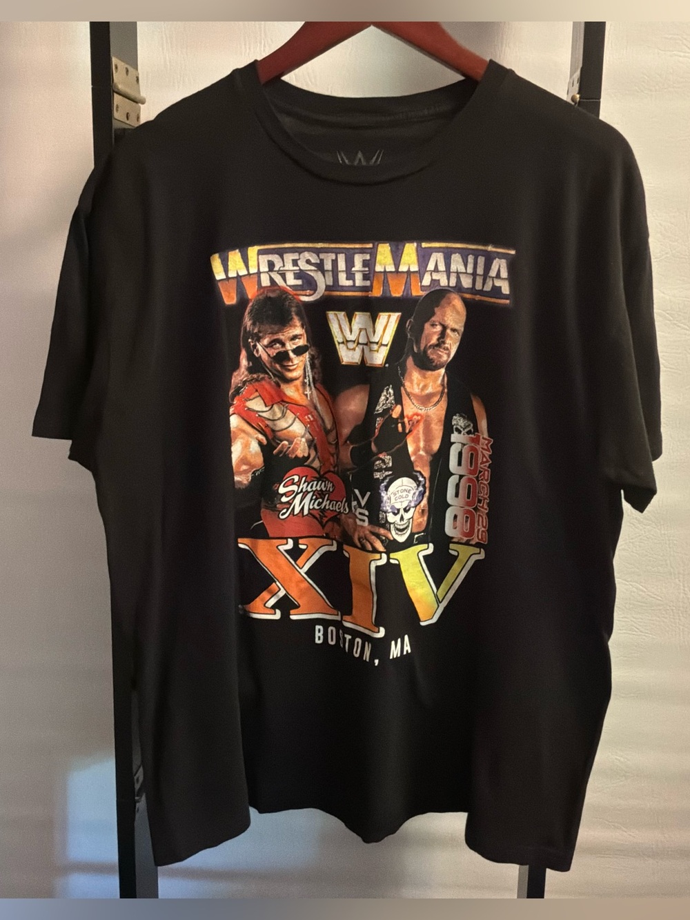 🌙✨ WWE Black WrestleMania XIV Graphic Tee with Multicolor Front Print